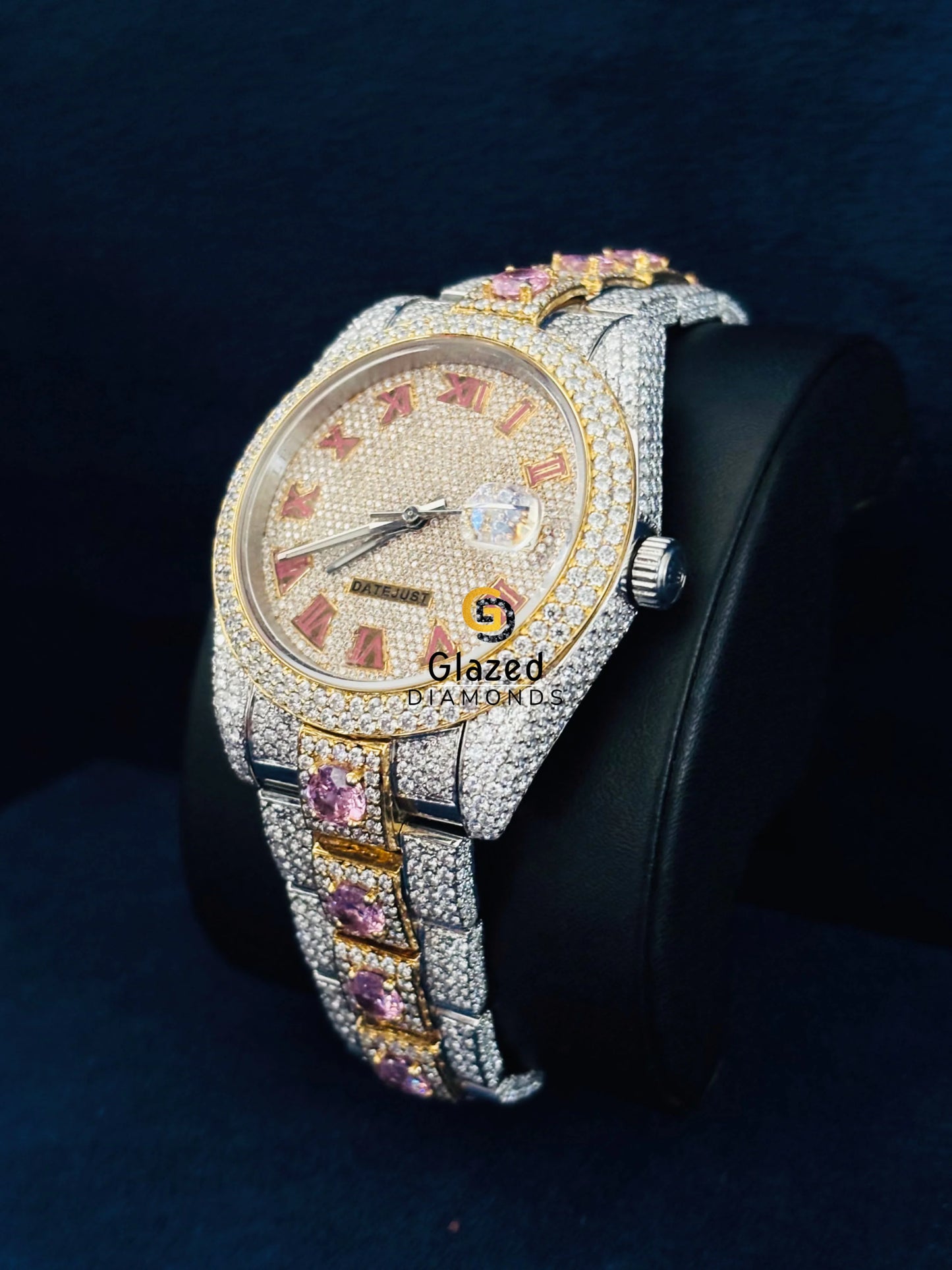 Two Tone Roman Number White_Pink Moissanite Watch