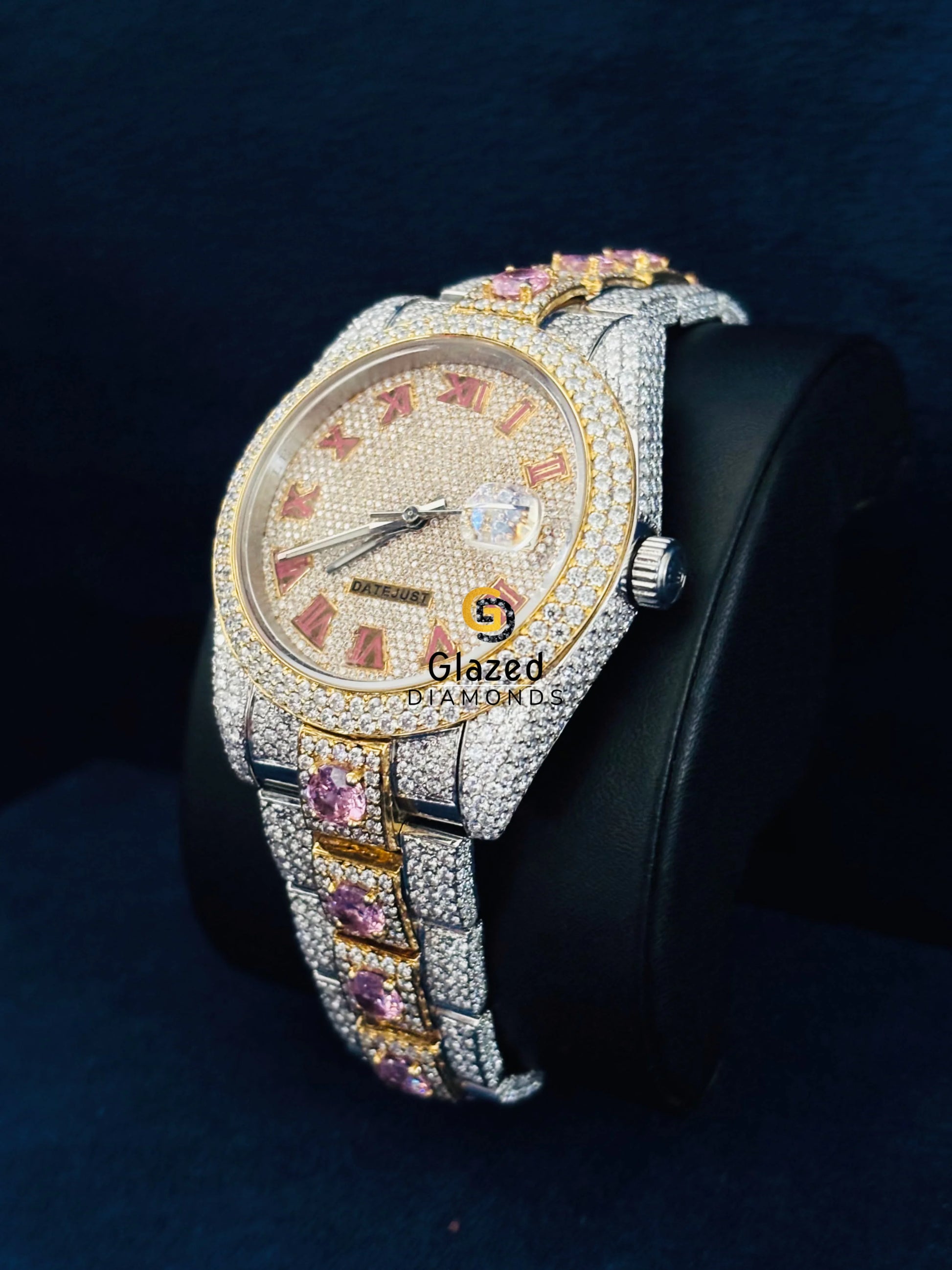 Two Tone Roman Number White_Pink Moissanite Watch