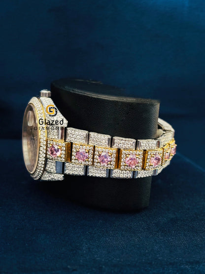Two Tone Roman Number White_Pink Moissanite Watch For Men