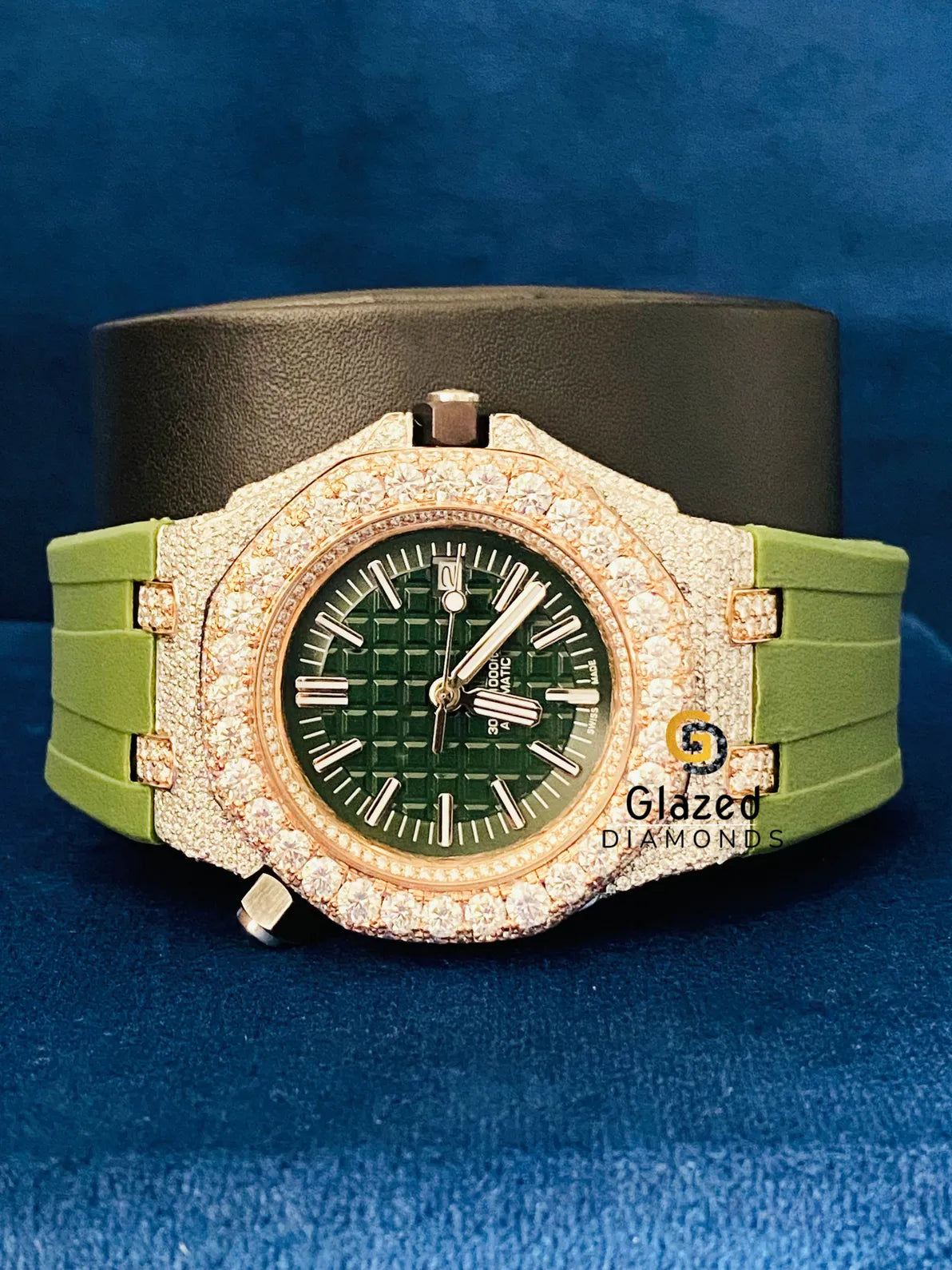 Two Tone Silicone Green Stick Dial Hip Hop Moissanite Watch