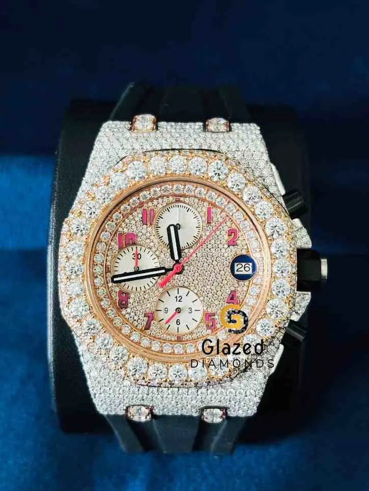 Two Tone Silicone Strap Pink Number Dial Moissanite Watch