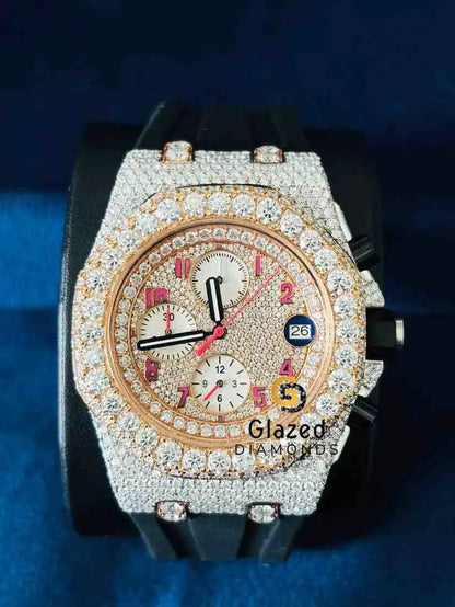 Two Tone Silicone Strap Pink Number Dial Moissanite Watch