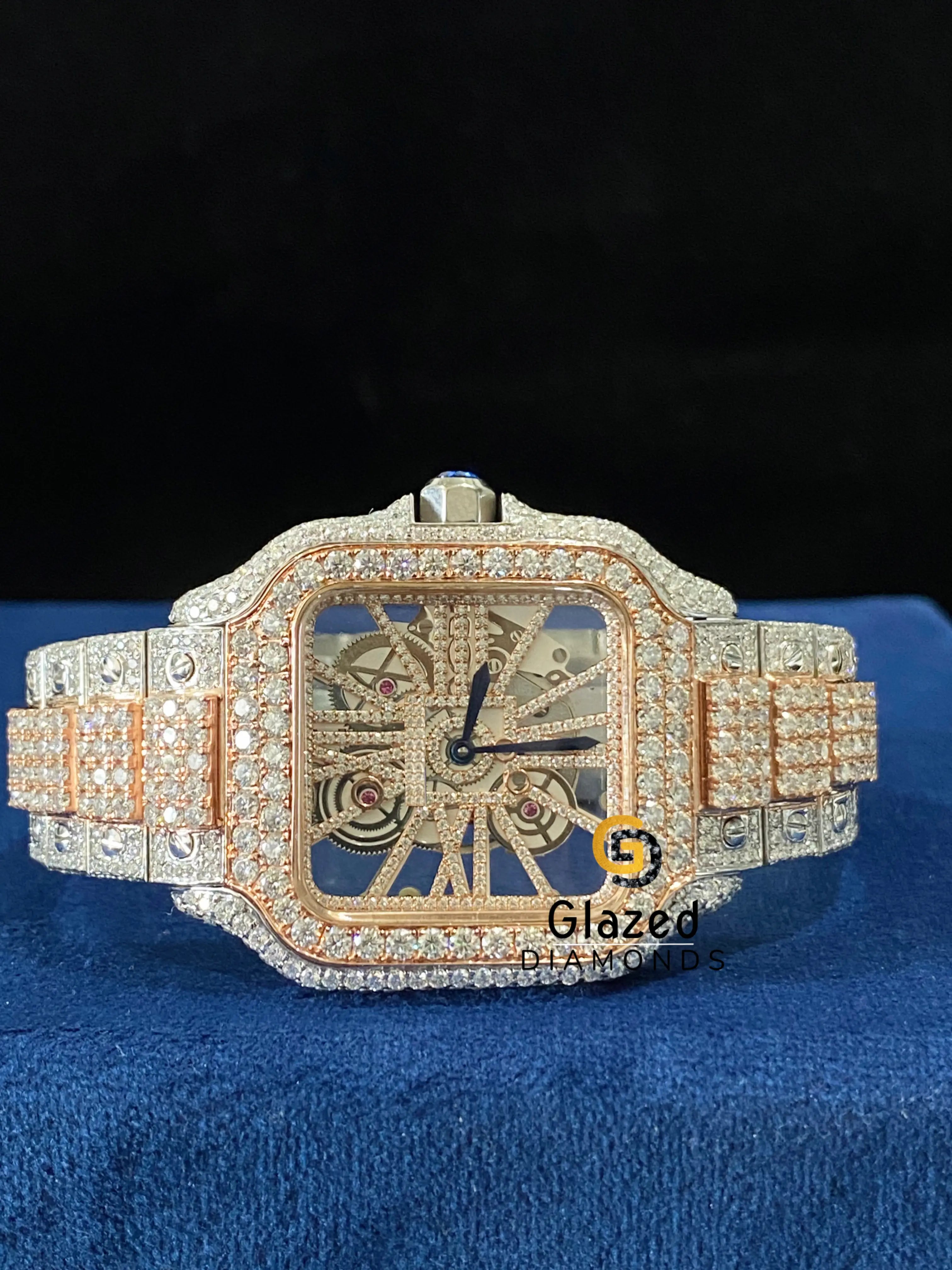 Two Tone Skeleton Dial Fully Iced Out Moissanite Watch