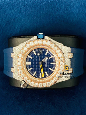 Two Tone Stick Dial Blue Silicone Strap Iced Out Watch