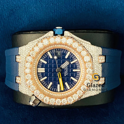 Two Tone Stick Dial Blue Silicone Strap Iced Out Watch