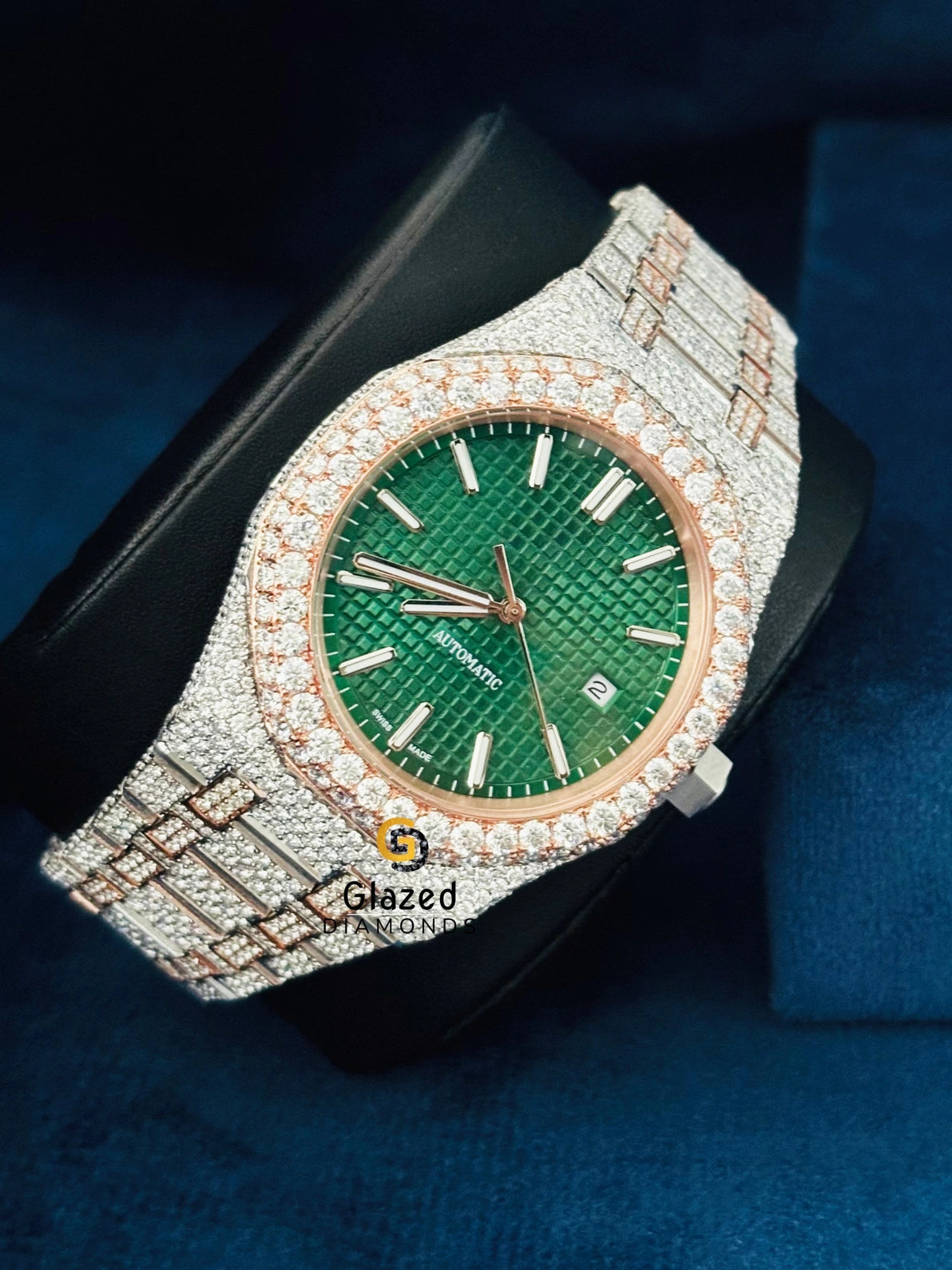 Two Tone Stick Dial Round Moissanite Diamond Studded Watch