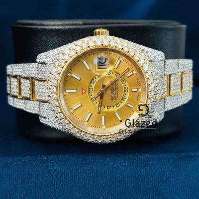 Two Tone Yellow Dial Baguette Bar Stainless Steel Wrist Moissanite Watch