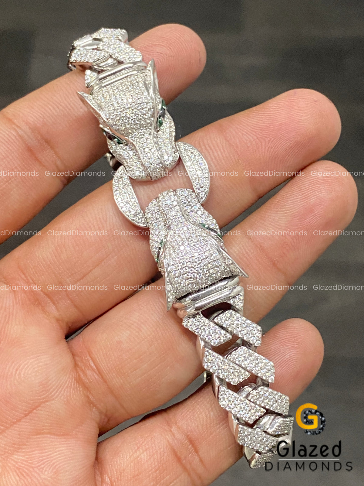 925 Sterling Silver Iced Diamond Hip Hop Dual Leopard Head Bracelet