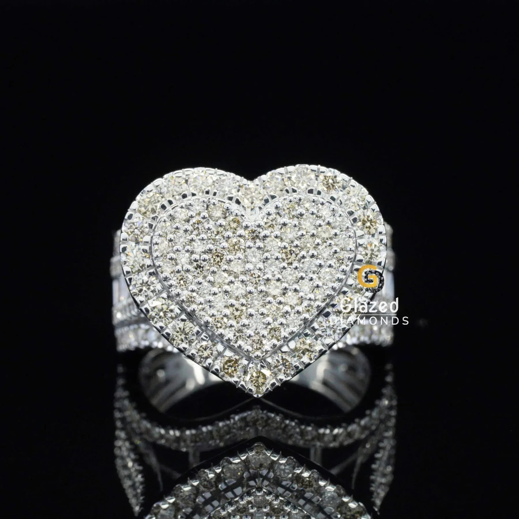 Unique Heart Shaped Iced Out Moissanite Diamond Studded Bust Down Ring For Mens