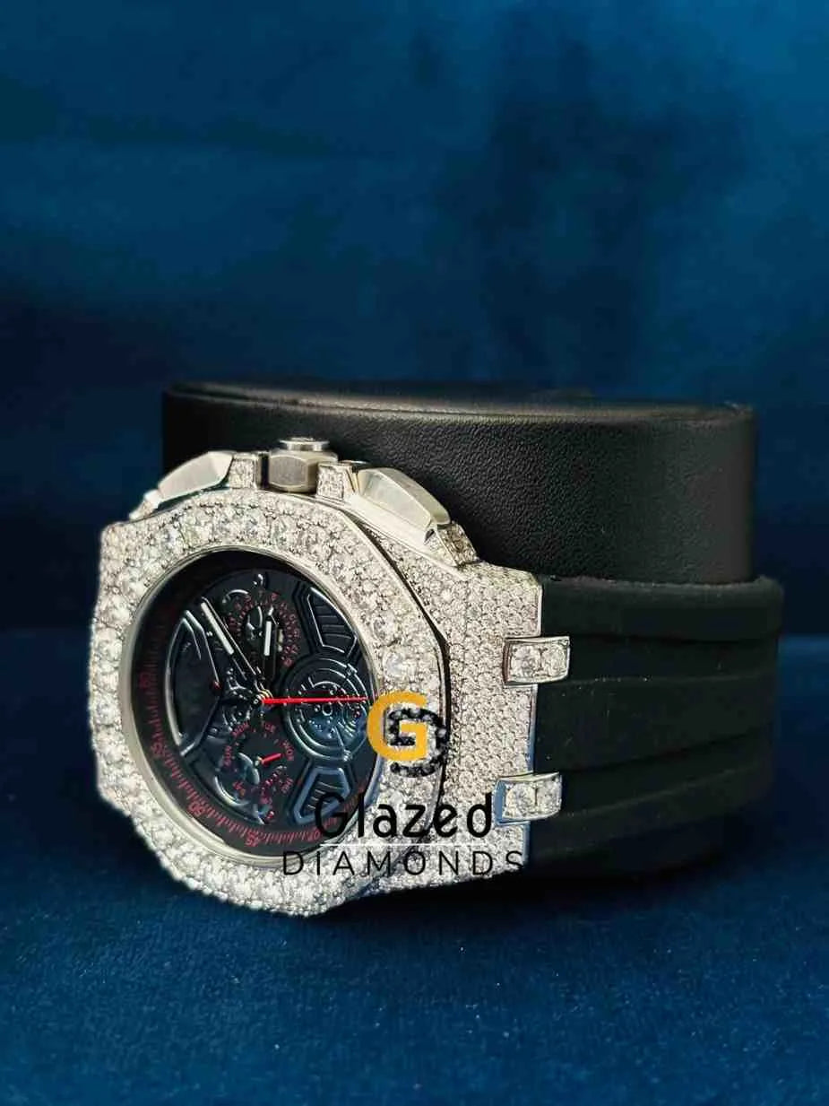 Unique Multi Chronograph Black Silicone Strap Moissanite Watch