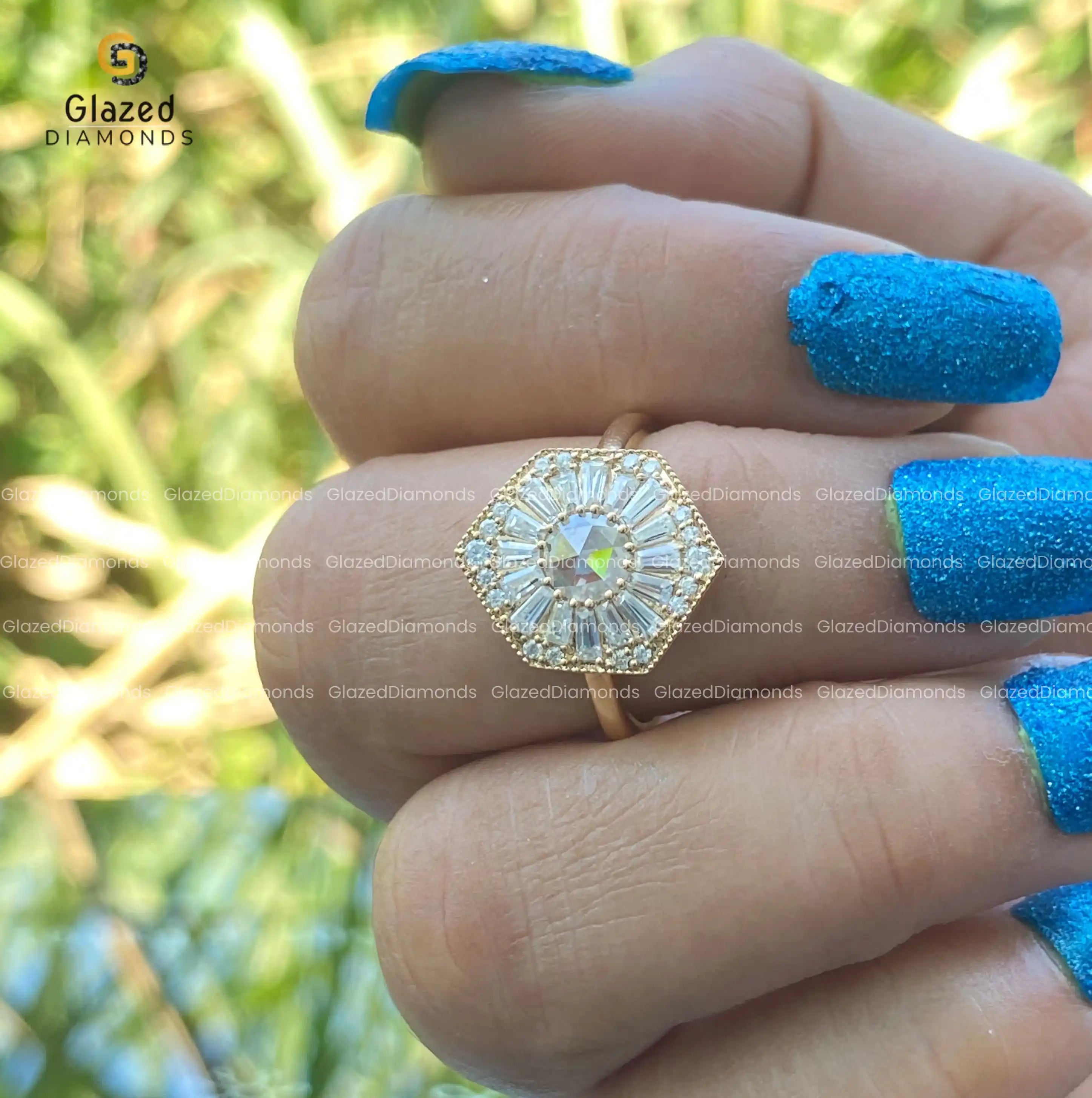 Art Deco Round Rose Cut Moissanite Baguette & Round Cut Halo Mosaic Engagement Ring