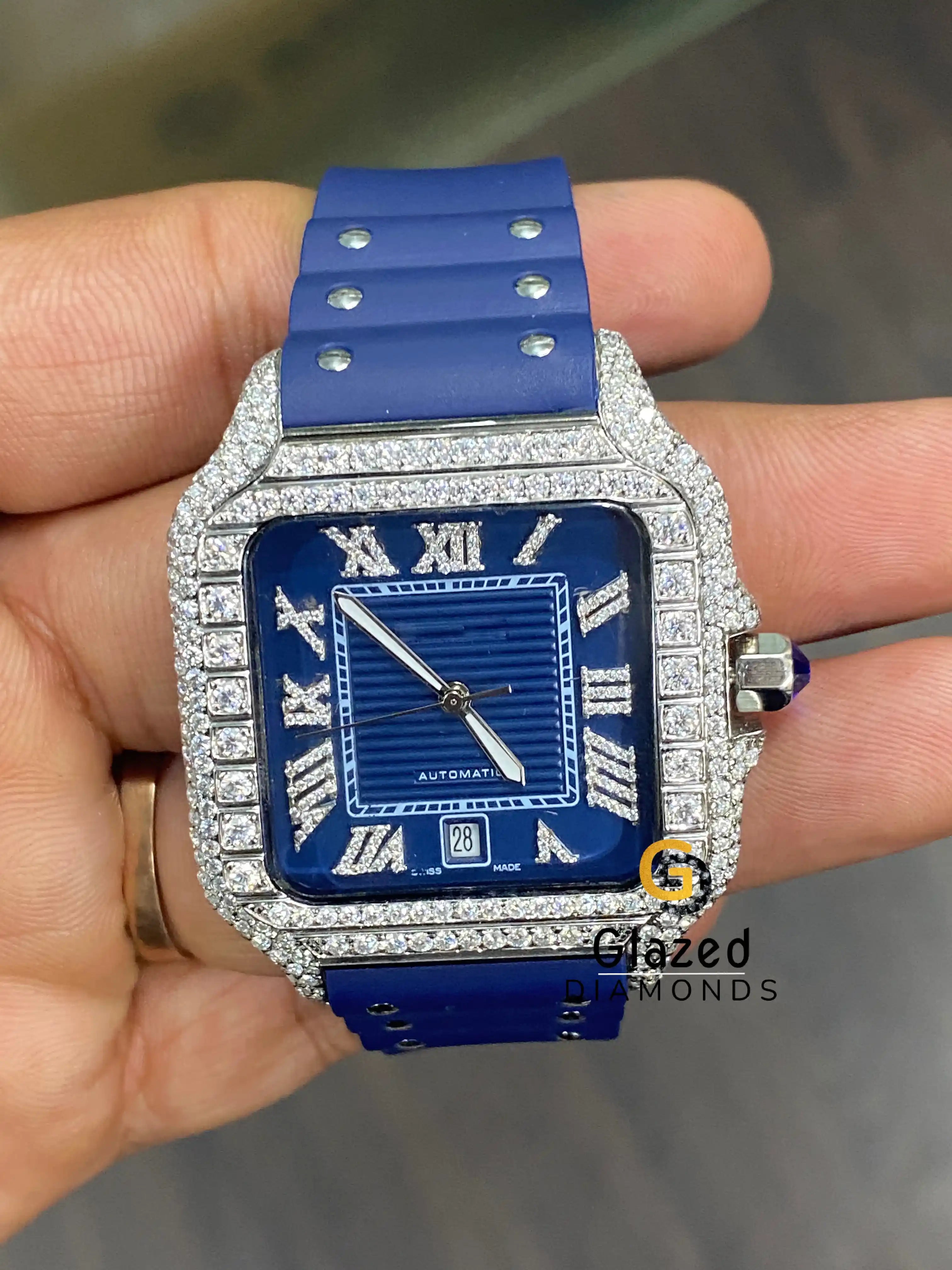 41MM Blue Dial VVS Moissanite Diamond Bezel Watch with Silicon/Rubber Strap