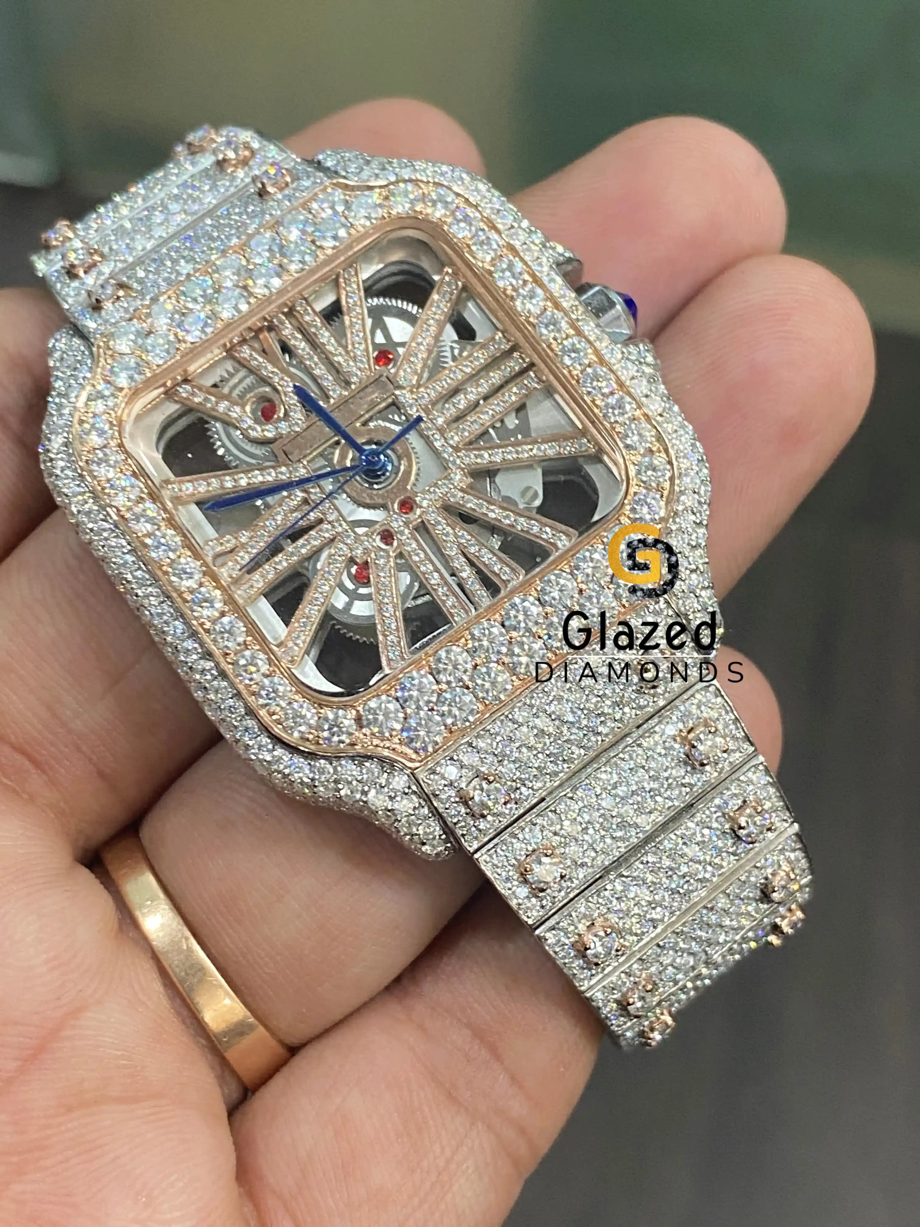 Rose Skeleton Two Tone Fully Iced Luxury Moissanite Watch