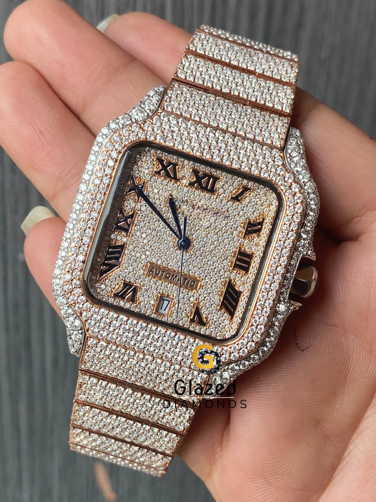 Roman Numeral Rose Two Tone Luxury Rappers Moissanite Watch