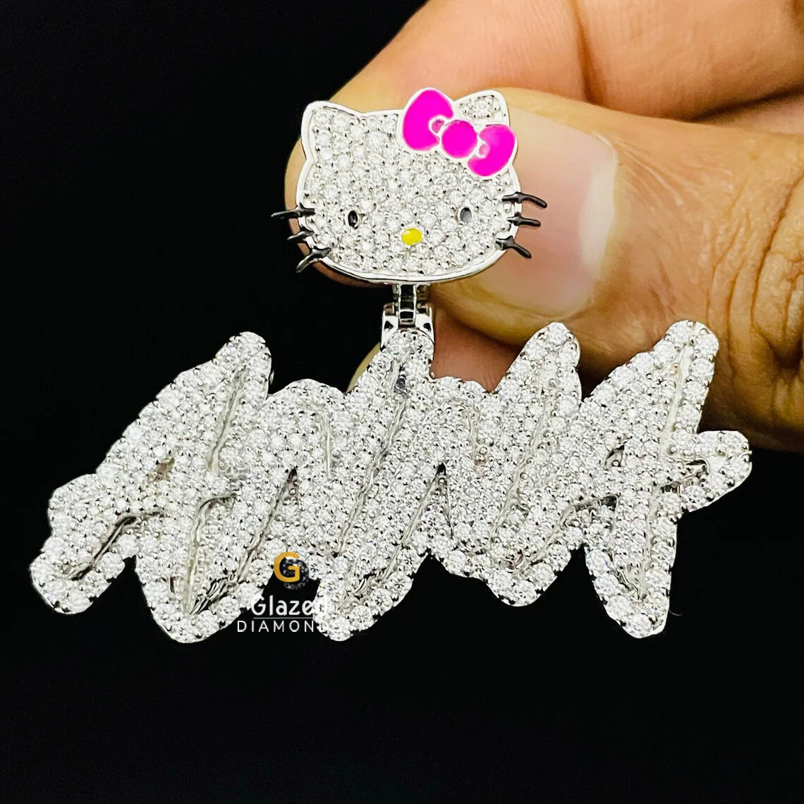 Iced Out Moissanite Diamond Name Pendant With Custom Kitty Bail