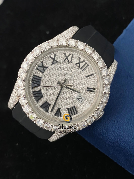 VVS Hip Hop Moissanite Diamonds Fully Face Dail Silicon Black Strap Watch