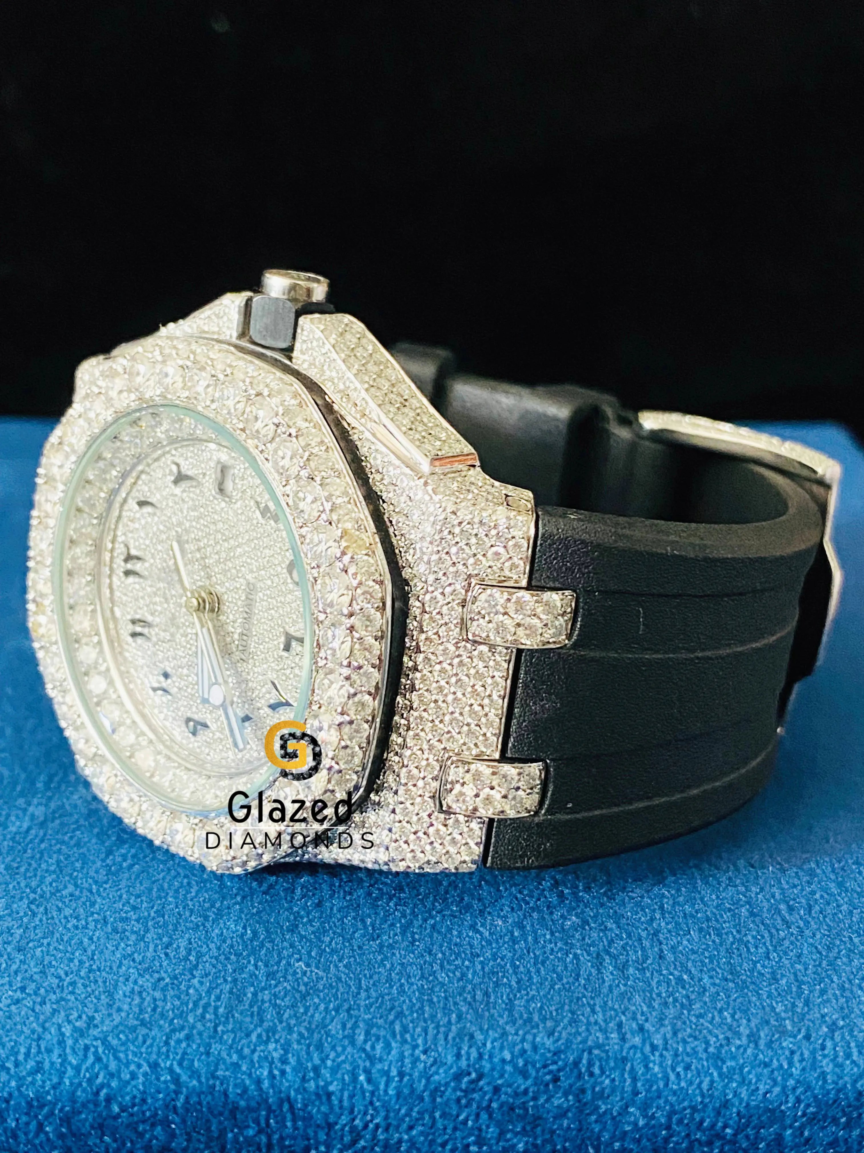VVS Moissanite Black Silicon Strap Arabic Face Dial Iced Out Watch