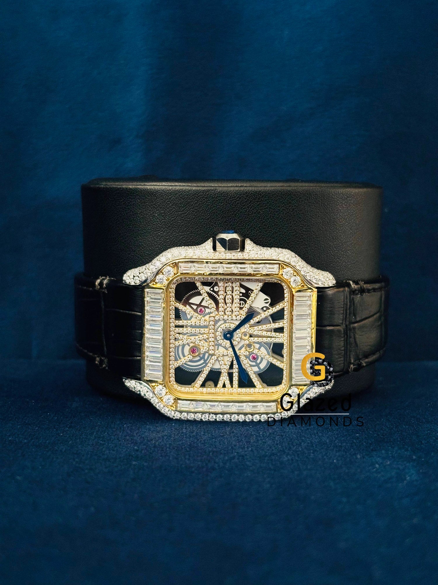 VVS Moissanite Diamond Stainless Steel Black Lether Bealt Watch 