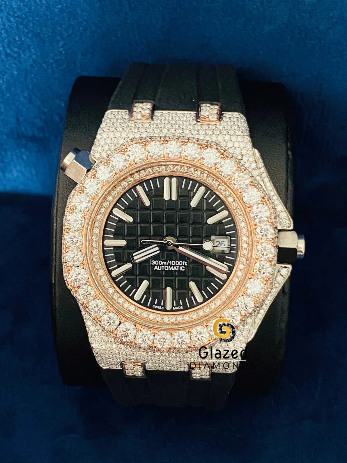 VVS Round Moissanite Silicone Black Strap Watch