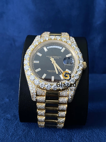 VVs Moissanite Bust Down Baguette Bar Day Date Watch