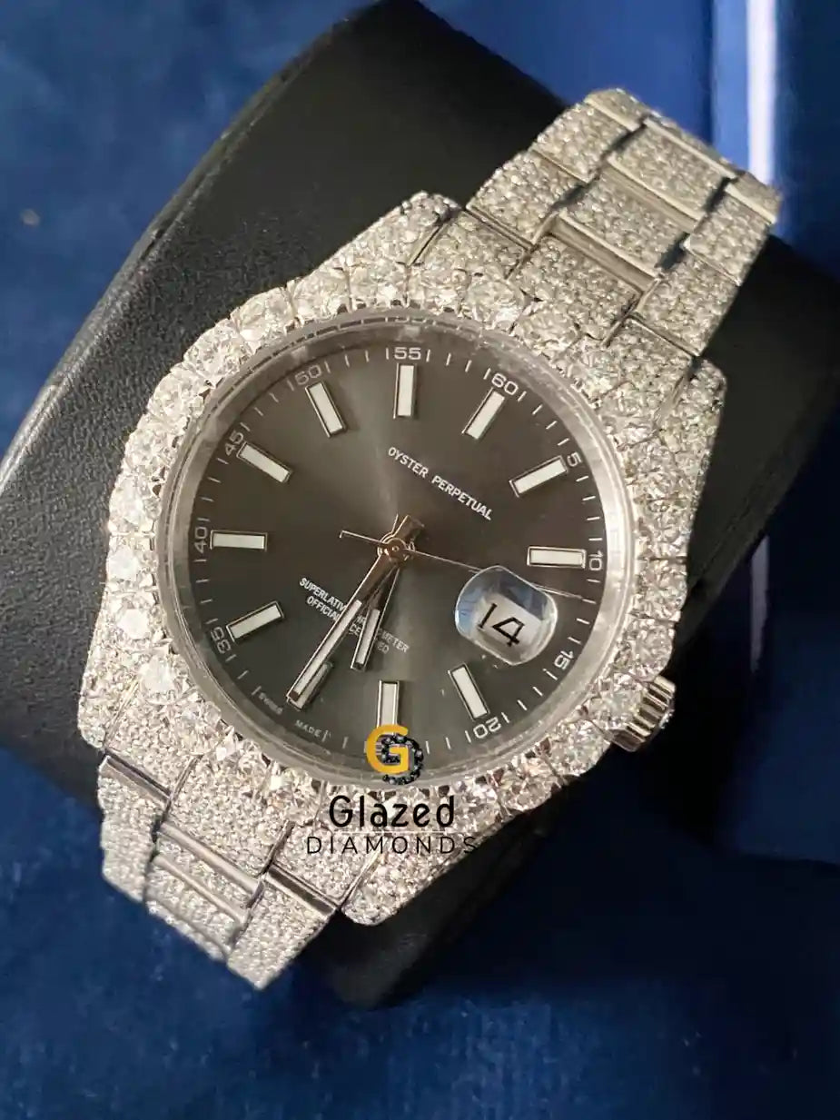 VVs Moissanite Fully Iced Out Gray Stick Dial Watch