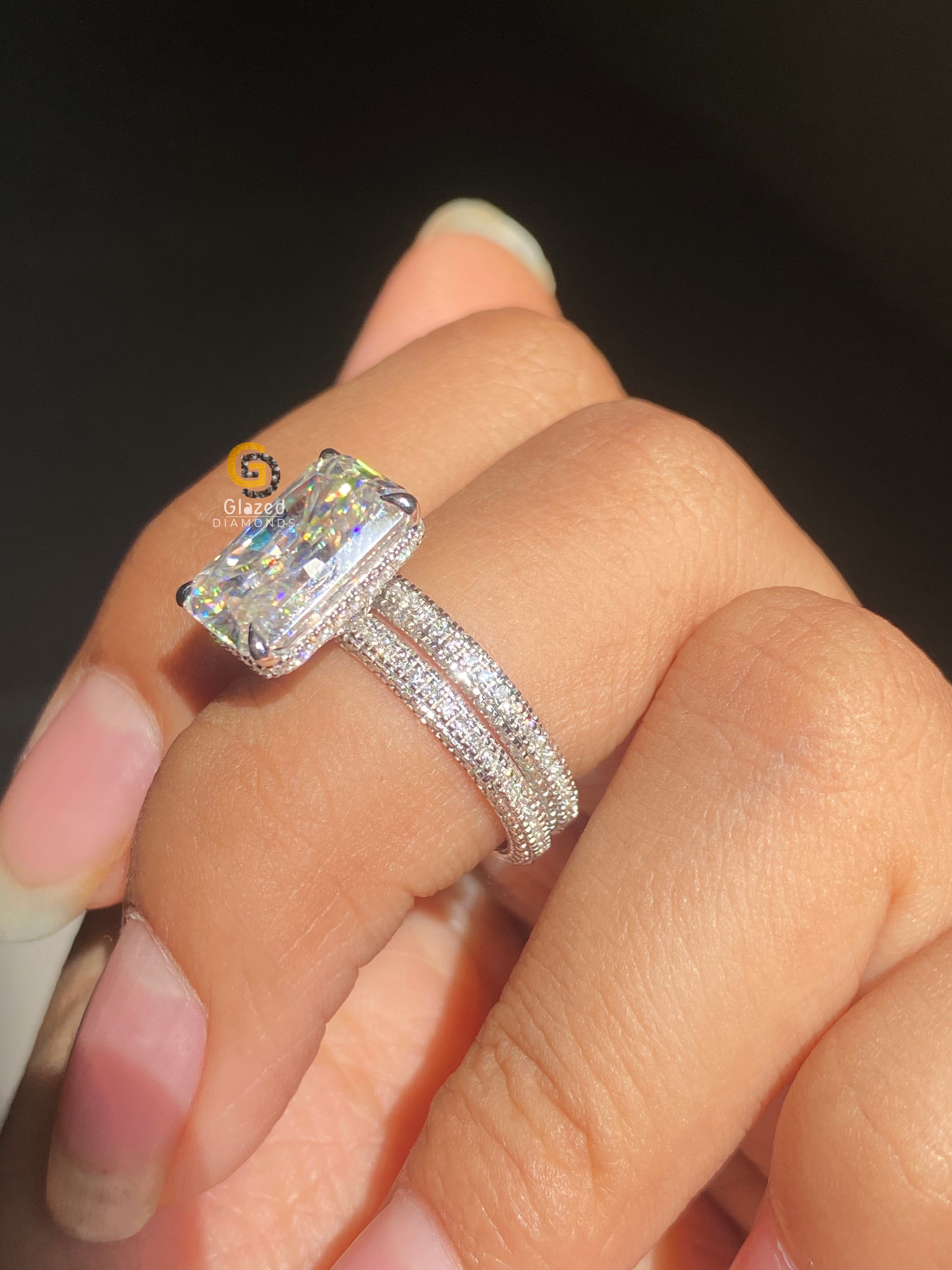 5 CT Radiant Cut Hidden Halo Moissanite Wedding Bridal Set For Her