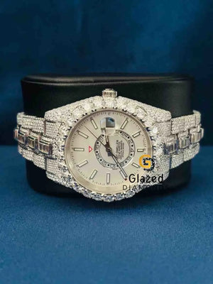 White Dial Round Big Bezel Dial Baguette Moissanite Watch