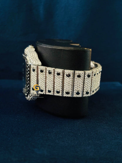 White Roman Number With Black Diamond Moissanite Watch For Men