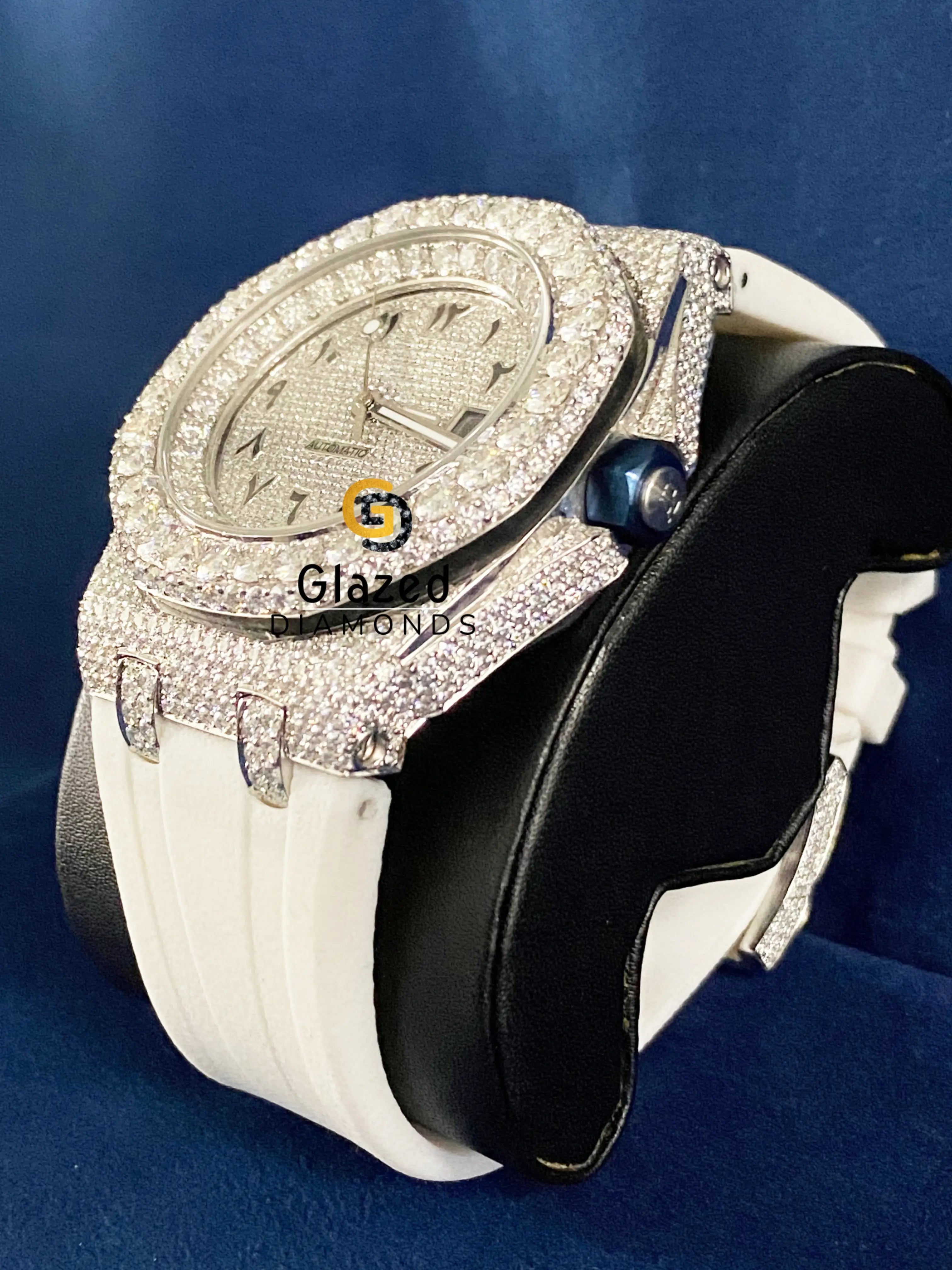 White Silicone Strap Arabic Dial VVS Moissanite Watch
