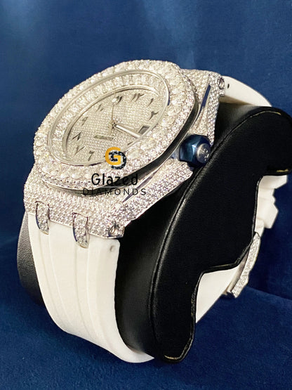 White Silicone Strap Arabic Dial VVS Moissanite Watch