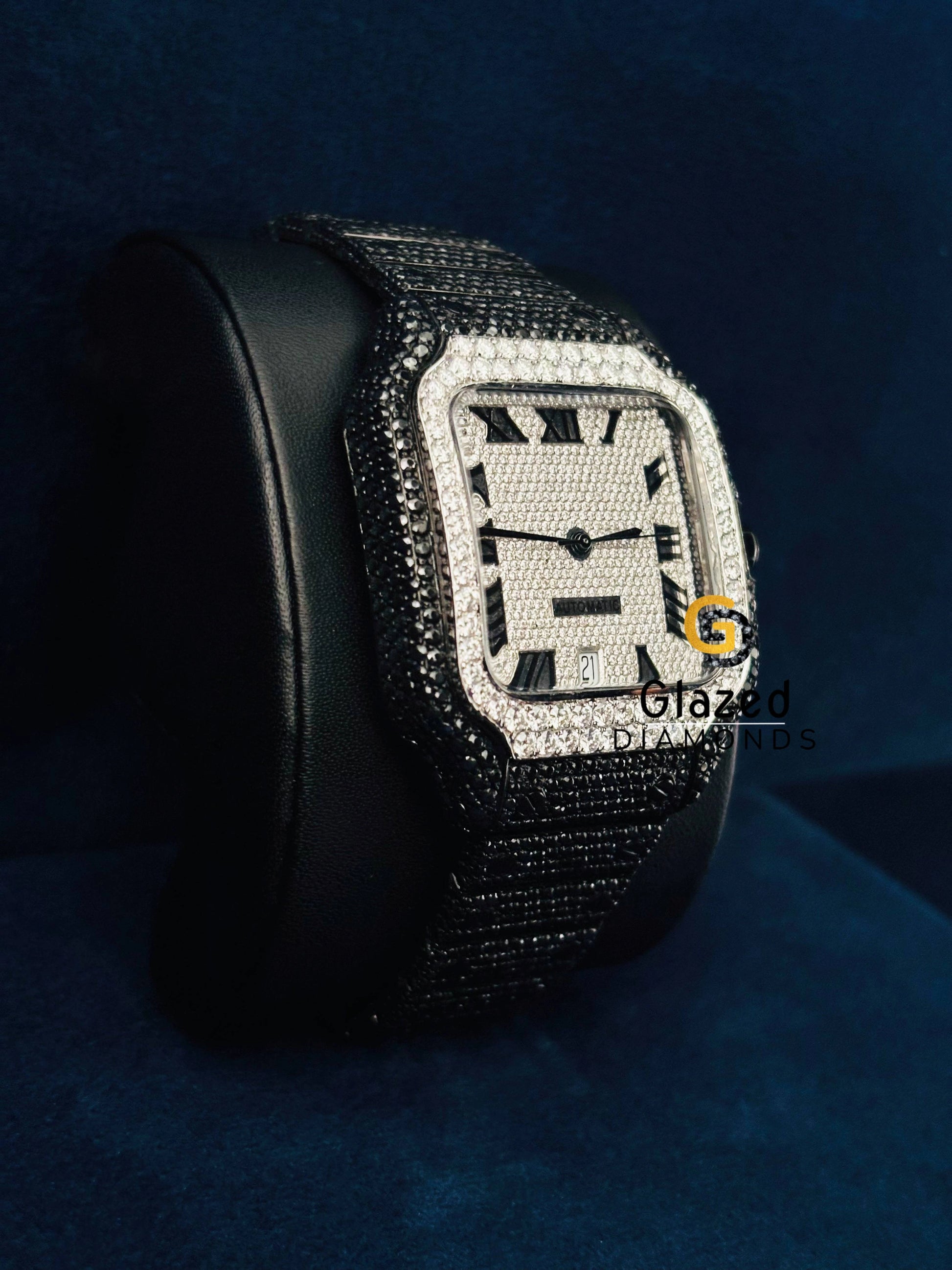 White_ Black Diamond Studded Stainless Steel Watch