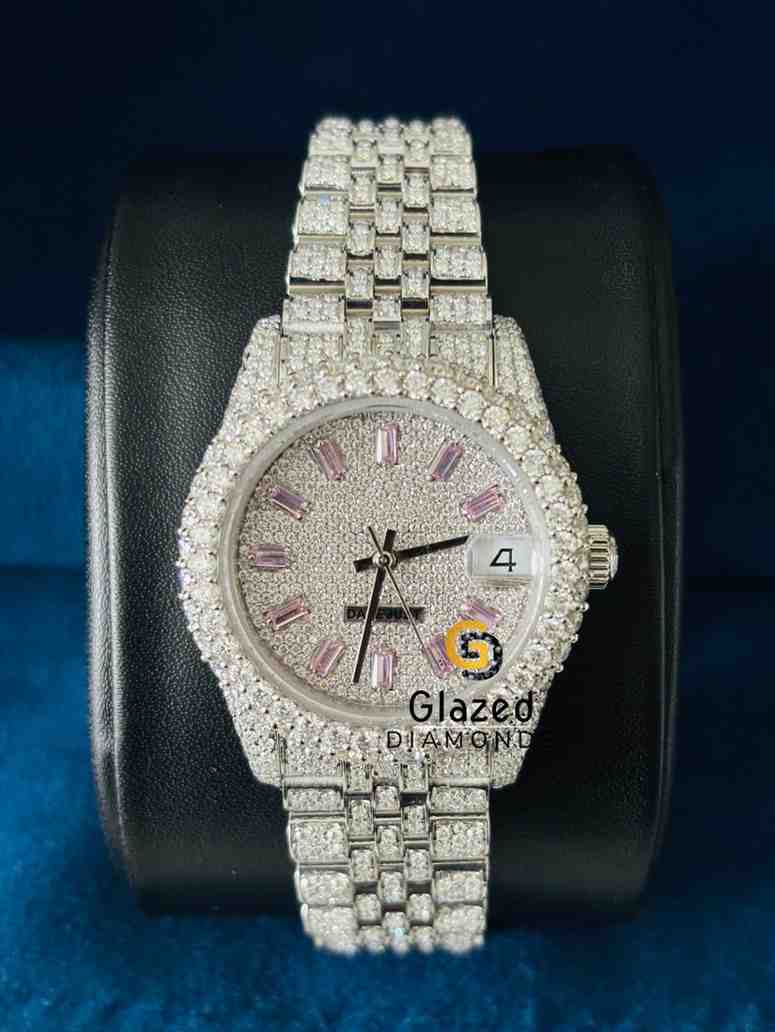 Women Baby Pink Baguette Bar Dial Moissanite Watch