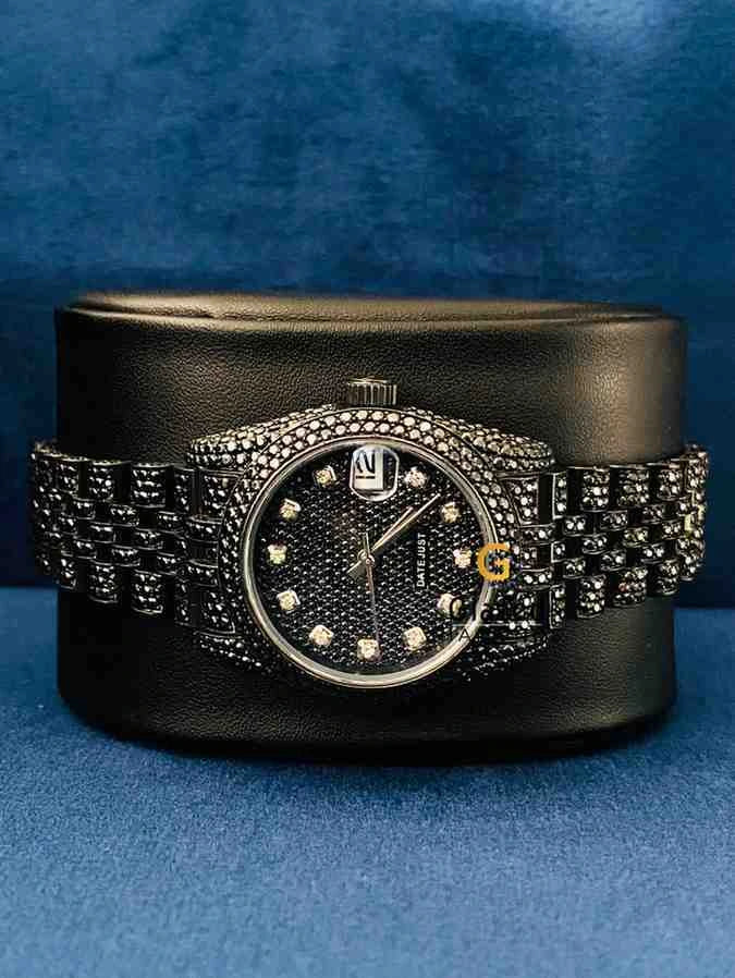 Women Black Dial Moissanite Jubilee Starp Stainless Steel Watch