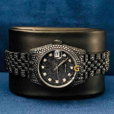 Women Black Dial Moissanite Jubilee Starp Stainless Steel Watch