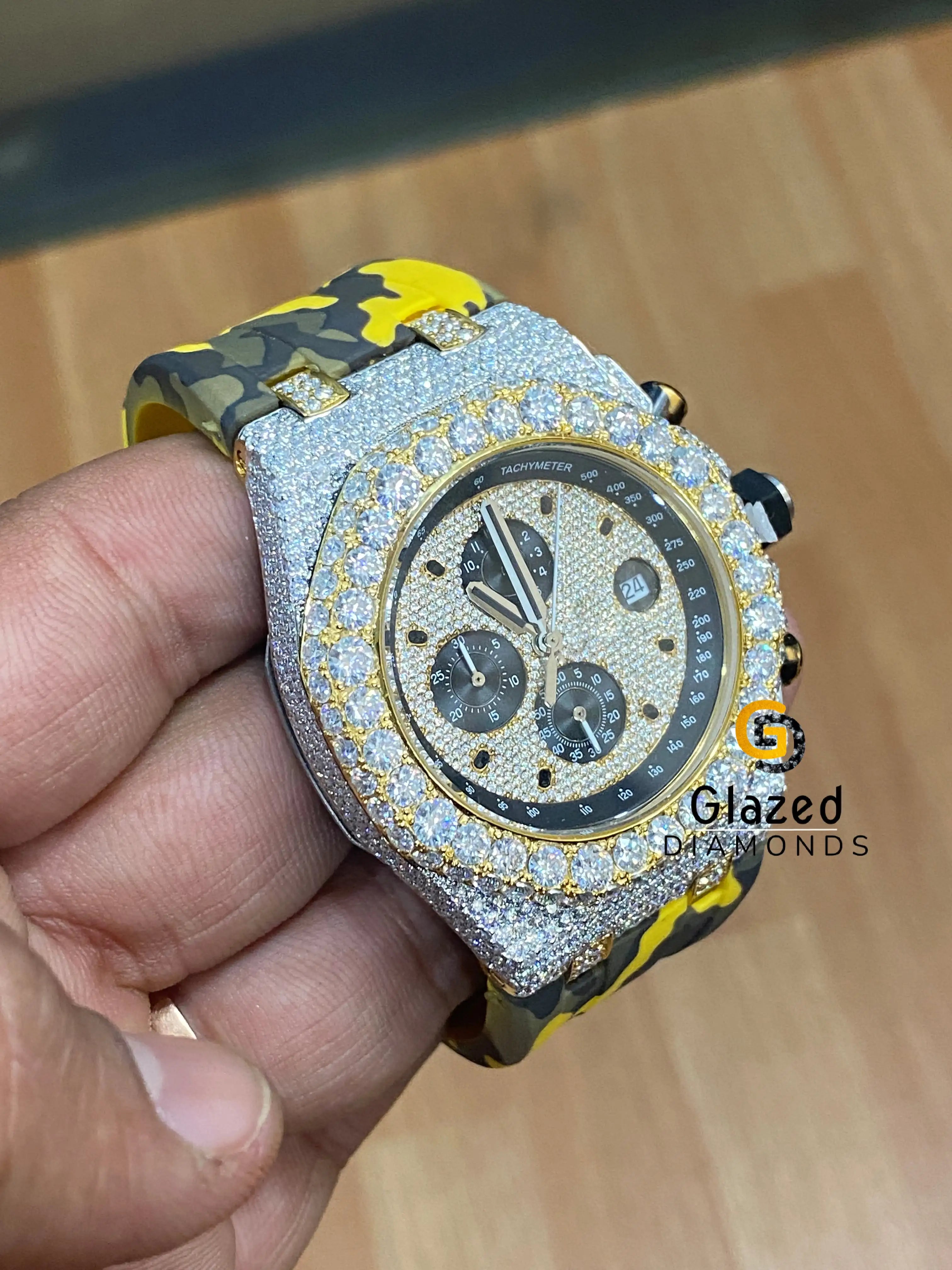 42 MM Iced Chronograph Diamond Dial Silicon Army Belt Mens Watch