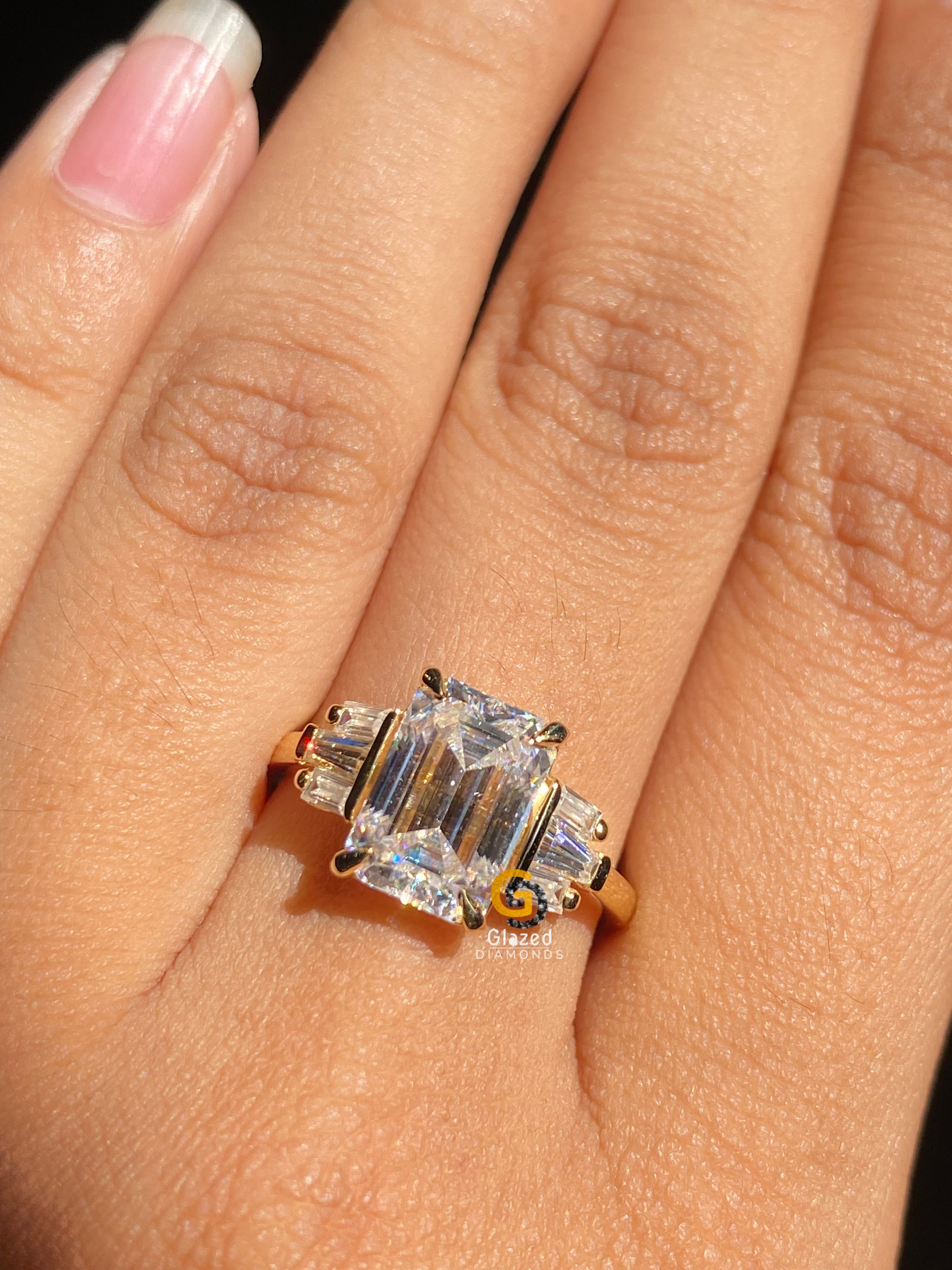3 CT Emerald Cut Three Stone Side Baguette Moissanite Engagement Ring For Her
