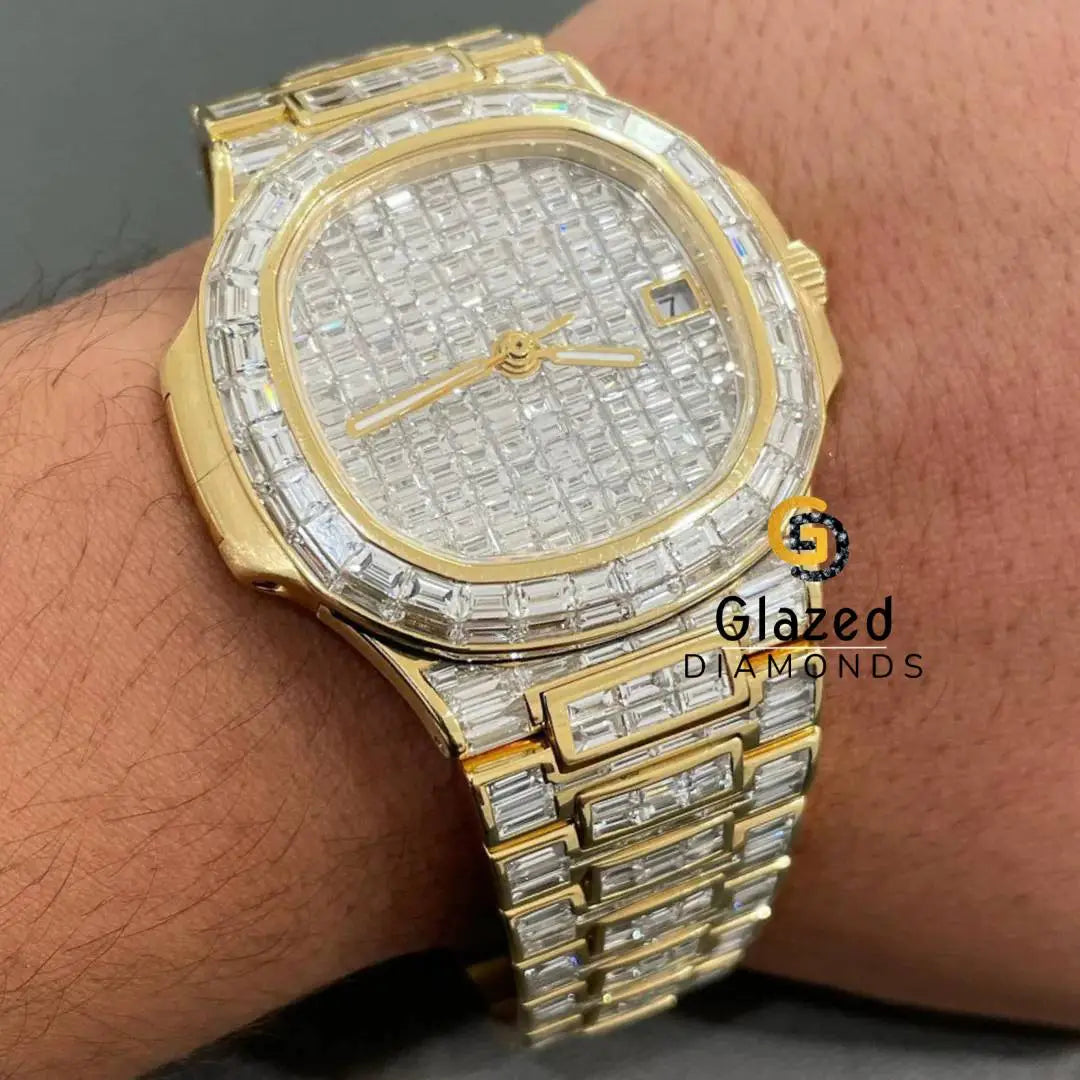 Custom Fully Icey Baguette Moissanite Diamond Watch