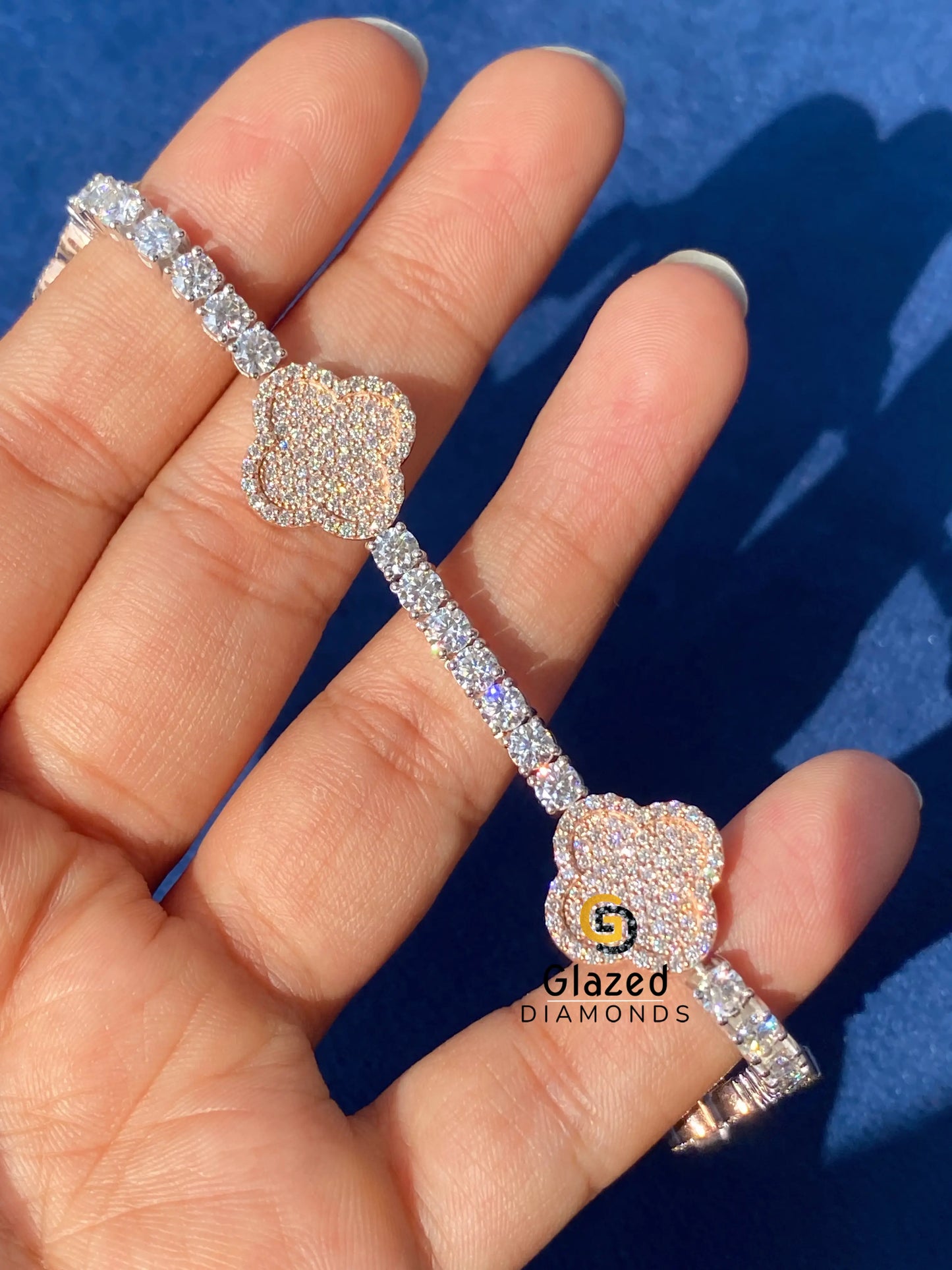 15MM Two Tone Moissanite Clover Bracelet 925 Silver