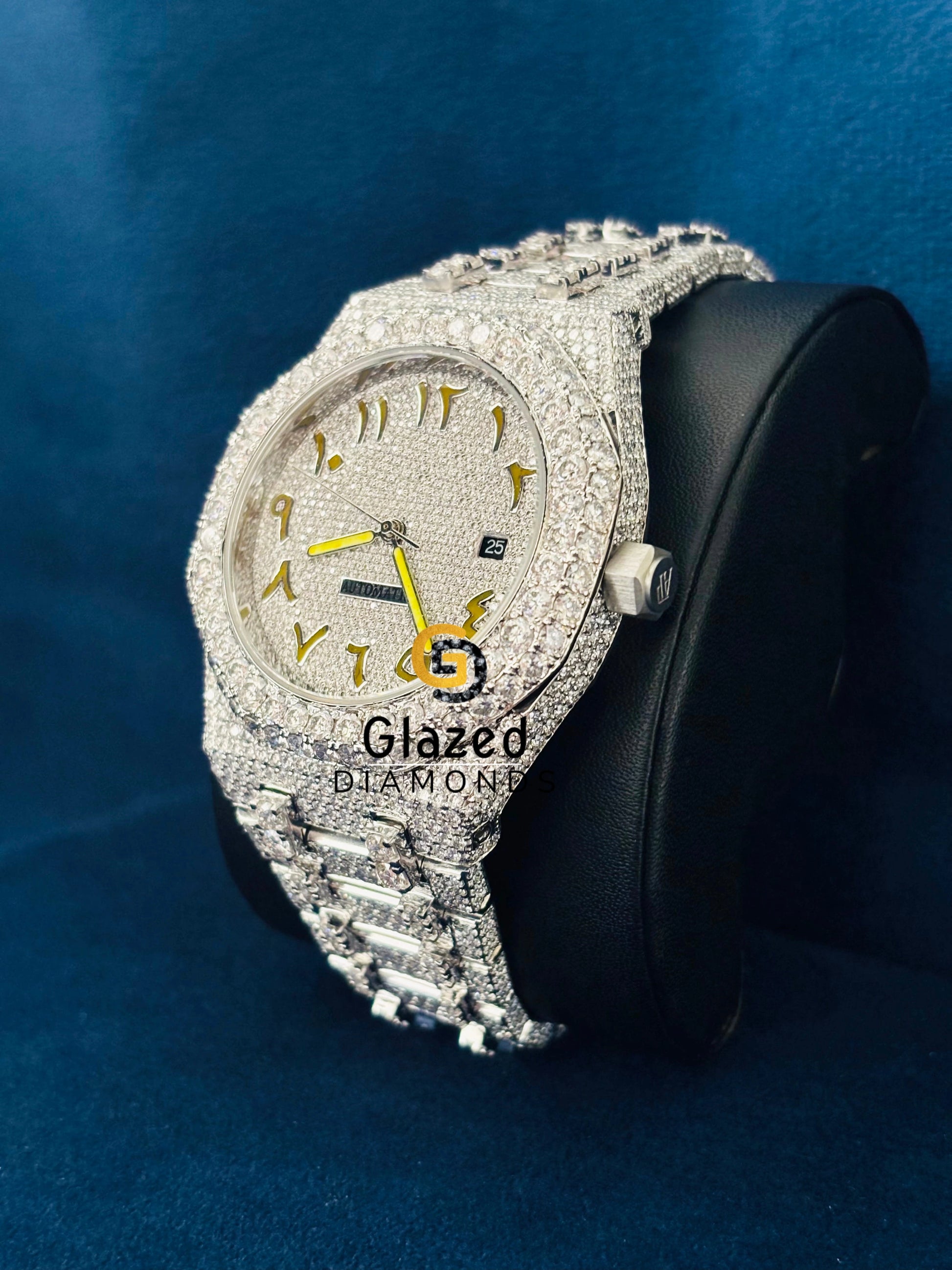 Yellow Arabic Number Moissanite Iced Out Watch