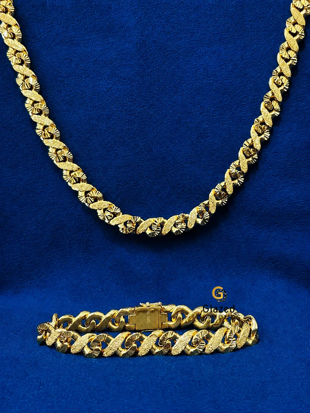 Yellow Gold Plated Dust Cuban Chain And Bracelet