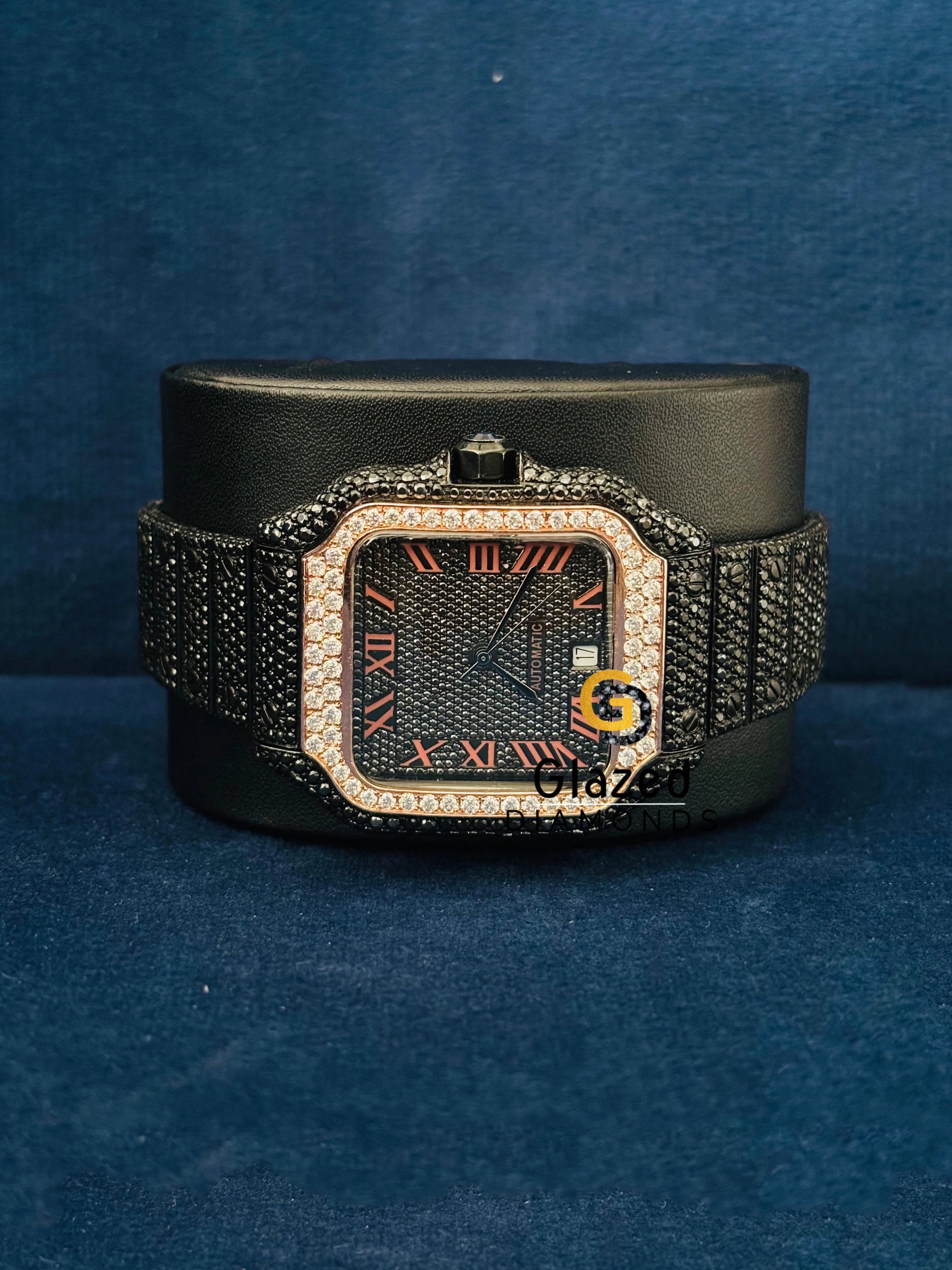 Yellow Gold Plated Moissanite Black Diamond Watch for Him