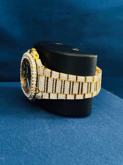 Yellow Gold Plated Patek Philippe Green Dial Moissanite Green Dial Iced Out Watch