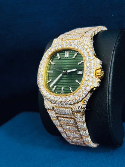 Yellow Gold Plated Patek Philippe Moissanite Green Dial Hip Hop Watch