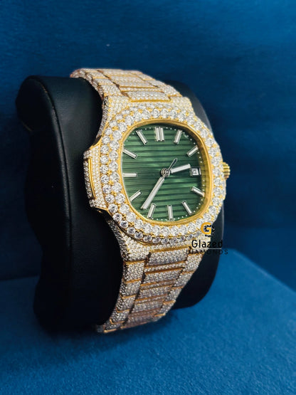 Yellow Gold Plated Patek Philippe Moissanite Green Dial Hip Hop Watch For Men