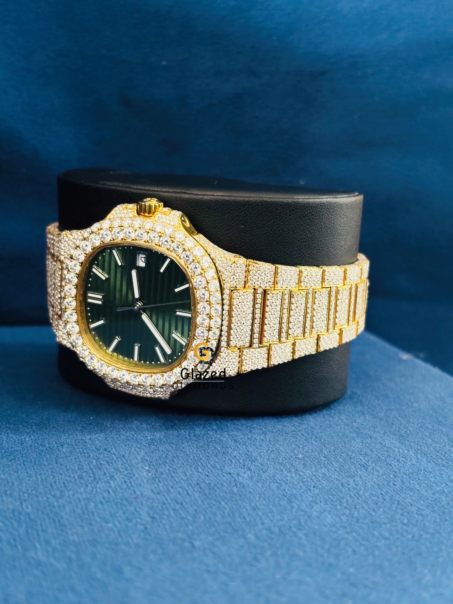 Yellow Gold Plated Patek Philippe Moissanite Green Dial Iced Out Watch