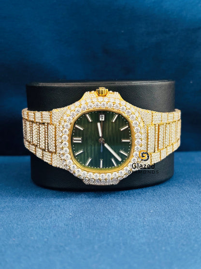 Yellow Gold Plated Patek Philippe Moissanite Green Dial Iced Out Watch For Men
