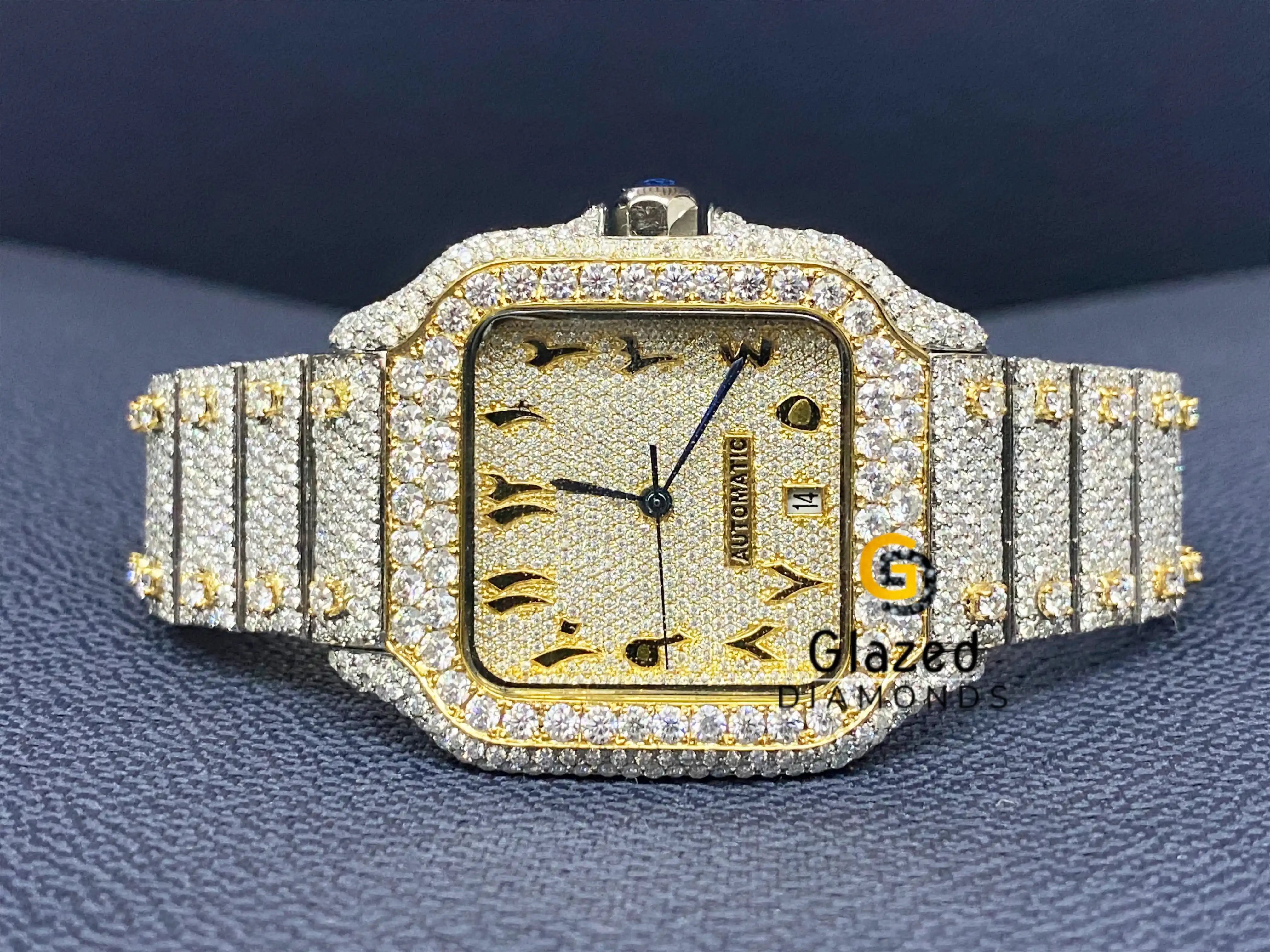 Arabic Numeral Yellow Two Tone Iced Out Luxury Moissanite Watch