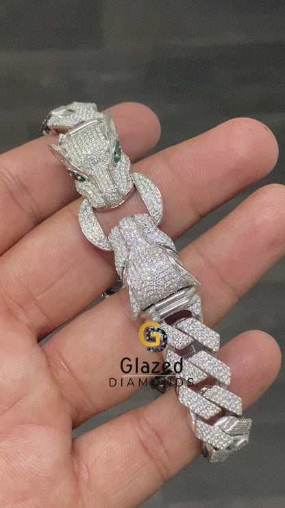 925 Sterling Silver Iced Diamond Hip Hop Dual Leopard Head Bracelet
